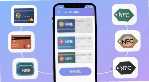 全能NFC读卡器软件主界面截图风格插画,手机屏幕内显示卡片列表与读取按钮,周围环绕着门禁卡、公交卡、NFC标签等小图标,背景为柔和的蓝紫色渐变,扁平化设计风格,线条简洁,适合作为功能展示配图