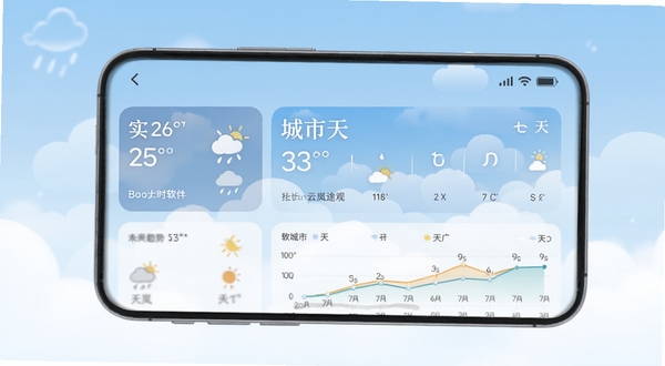 云岚途观天气软件主界面全貌展示,手机屏幕显示实时天气卡片与未来七天预报趋势图,画面中央为城市天气概览,背景为淡蓝色渐变天空与云朵元素,整体风格清新简洁,适配Boogu模型生成