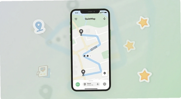 一张展示静途 QuietMap 手机应用主界面的插画,画面中央是一部竖屏手机,屏幕上显示简洁的地图路线界面,有起点终点标记与淡蓝色路径线条,背景为柔和的浅灰绿色渐变,四周点缀定位图标与收藏星标,整体风格干净清爽,适配Boogu模型生成