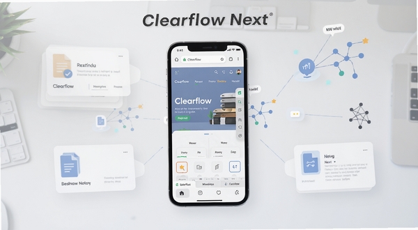 Clearflow Next 软件主界面全貌展示,画面中央为手机屏幕,屏幕内呈现简洁的浏览器首页与多标签管理面板,背景为浅色渐变的工作台场景,周围点缀文件卡片与网络节点图标,整体风格清爽现代,突出软件名称 Clearflow Next