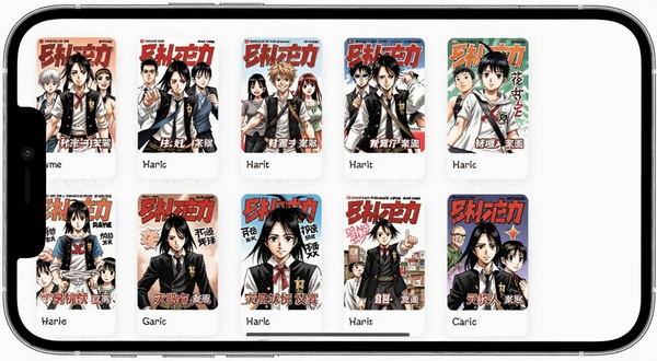 漫画书架软件书架管理界面展示,手机屏幕上排列着多本漫画封面,简洁白色背景,柔和的卡片式设计,高清UI界面截图风格