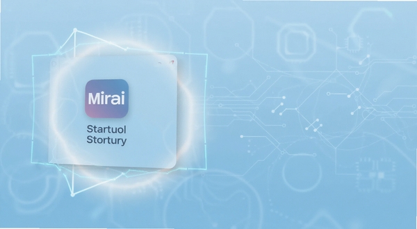 Mirai 软件主界面全貌展示,画面中央偏左为软件图标与启动界面,背景为浅蓝色渐变科技感背景,主体坐标为画面中心偏左三分之一处,背景区域为柔和光晕与几何线条装饰,整体风格简洁现代,适配 Boogu 模型生成