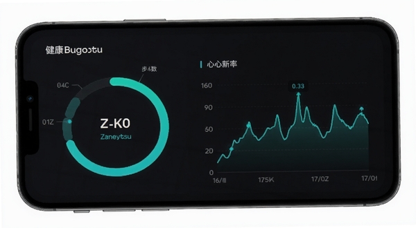Zangetsu健康数据看板界面,手机屏幕显示步数环形图与心率折线图,配色为深色背景搭配青绿色数据曲线,界面干净利落,突出数据可视化效果,适配Boogu模型生成