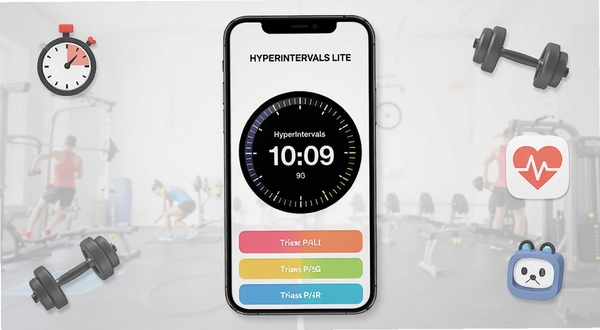 HyperIntervals Lite 应用界面全貌展示,画面中央为手机屏幕呈现圆形倒计时表盘与彩色训练阶段色块,背景为浅灰色渐变运动场景,周围点缀秒表、哑铃、心率图标等元素,整体风格清爽现代,构图居中对称,适合应用商店展示图