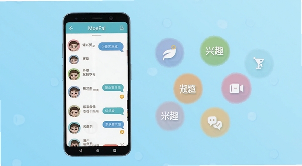 整体画面以浅蓝色渐变背景为主,画面中央偏左放置一部竖屏安卓手机,屏幕上显示MoePal主界面,包含卡通头像列表与对话气泡元素,右侧区域漂浮若干半透明圆形图标代表兴趣话题标签,整体风格清新扁平化,适配Boogu模型生成
