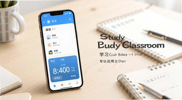 Study Classroom 学习应用主界面全貌展示,画面主体位于画面中央偏左,是一台竖直放置的智能手机,屏幕显示课堂列表与专注计时面板,背景区域为浅色木质书桌与散落的笔记本,整体色调柔和明亮,适合教育类软件宣传图