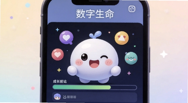 数字生命应用界面特写,屏幕中一个圆润可爱的虚拟生命体正在做出开心表情,周围漂浮着情绪图标与成长进度条,软件名称数字生命以简洁字体显示在屏幕顶部,背景为浅色柔和渐变,画面主体居中,细节清晰,风格为扁平化UI插画