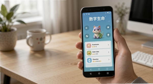 手机使用场景示意图,一只手握着安卓手机,屏幕显示数字生命的养成主界面,界面中有虚拟生命体和任务列表,软件名称数字生命显示在屏幕上方,背景为居家桌面环境,光线柔和,风格写实,突出移动端操作场景