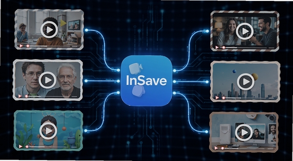 InSave多平台兼容功能展示图,画面中InSave应用图标位于中心,四周环绕着多个不同风格的视频内容卡片,卡片上有播放按钮图标,用连接线与中心图标相连,象征多平台链接解析,背景为深色科技感网格,突出兼容性强的特点