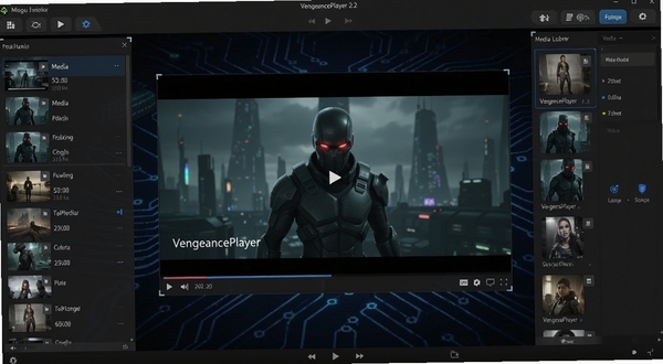 VengeancePlayer 2.2 播放器主界面全貌,画面中央为正在播放的本地视频窗口,四周环绕媒体库列表与功能按钮,深色科技风背景,适配Boogu模型生成