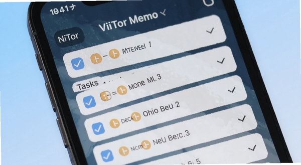 ViiTor Memo 待办清单功能界面特写,手机屏幕显示带勾选框的任务列表,部分任务标注了时间提醒图标,背景为柔和渐变蓝色,画面干净利落,体现任务管理的高效感