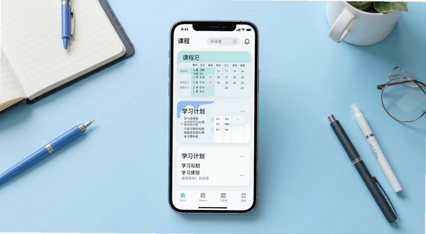 学通应用主界面展示,画面中央为手机屏幕内呈现课程表与学习计划卡片布局,背景为浅蓝色渐变书桌场景,桌面摆放笔记本与文具,整体风格清爽简洁,突出学习管理工具的核心定位