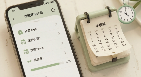 学通学习计划界面特写,手机屏幕显示任务清单与进度条,旁边配有日历翻页元素与时钟图标,画面色调为柔和的米白色与淡绿色,体现时间管理与任务跟进的场景