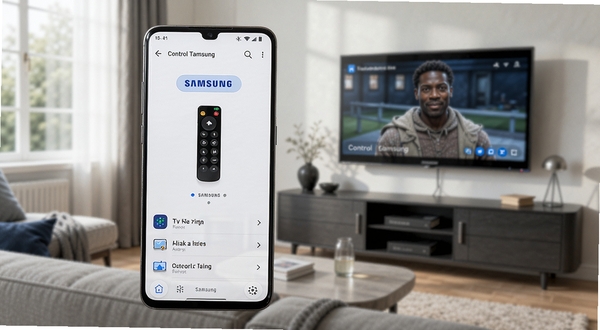 画面主体为一部现代智能手机屏幕显示 Control Samsung 应用界面,界面中央有醒目的三星电视遥控器图标和已连接设备列表,背景是温馨的现代客厅环境,一台三星智能电视正在播放画面,柔和的自然光线从左侧窗户照入,整体风格写实且富有科技感,手机屏幕细节清晰可见,构图采用三分法,色彩以白色、浅灰和三星标志性的蓝色点缀为主
