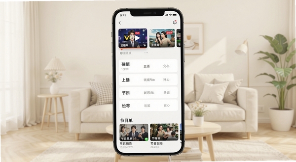 MyTVB软件主界面全貌展示,画面中央为手机屏幕中的频道分类列表,背景为浅色家居客厅环境,屏幕上方显示直播频道卡片,下方为节目单预览区域,整体风格清爽明亮,适配Boogu模型生成