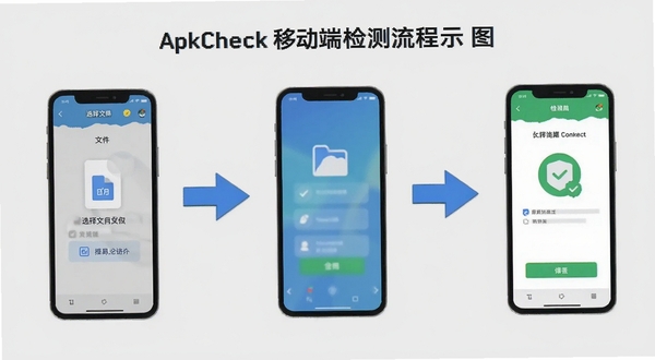 ApkCheck移动端检测流程示意图,画面展示手机屏幕从选择文件到显示检测结果的三个步骤,背景为浅灰色简洁风格,配有箭头引导,突出操作便捷性