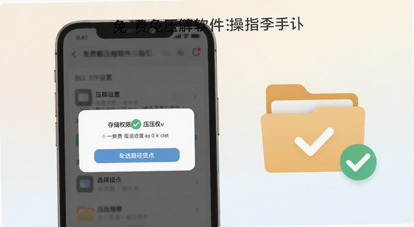 免费解压缩软件操作指引示意图,画面展示手机屏幕中存储权限授权弹窗与解压路径设置界面,旁边配有文件夹图标和勾选标记,风格简洁明快,色调柔和,背景为浅色渐变,突出权限设置与路径选择要点