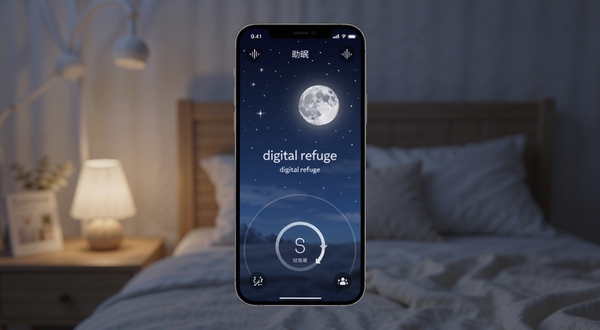 整体概览 digital refuge 应用主界面,手机屏幕居中展示深蓝色夜空背景与柔和月光的助眠首页,四周环绕白噪音波形图标与呼吸引导圆环,背景为安静的卧室床头环境,暖色小夜灯虚化,画面风格清新治愈,细节精致,适合应用商店展示图