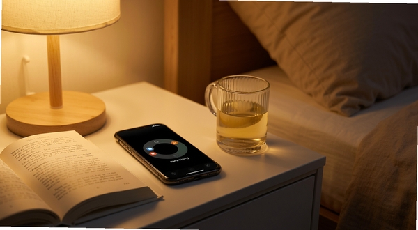 使用场景 digital refuge 在夜间卧室中的实际使用画面,手机放在床头柜上屏幕显示呼吸引导圆环,旁边有纸质书与一杯温水,暖黄灯光营造安静氛围,画面写实细腻,突出睡前放松的使用情境