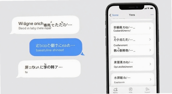 屏译多语种翻译结果气泡与历史记录列表界面,手机屏幕显示中英日韩对照文本,浅灰色背景,卡片式布局,清爽极简风格