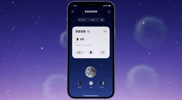 星谕观星预报软件主界面全貌,手机屏幕居中展示深蓝色星空背景下的观星指数卡片与月相图标,坐标位于画面正中央,背景为渐变的夜空紫蓝色区域,点缀稀疏星点与柔和光晕,整体风格简约科技感,适配Boogu模型生成