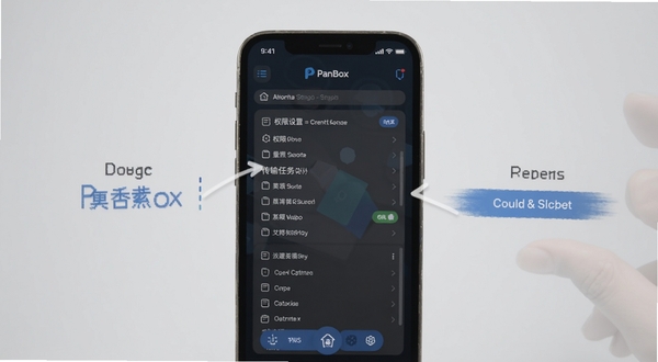 PanBox手机端操作界面示意图,展示权限设置与传输任务列表,画面以手机屏幕为主体,背景为柔和浅灰,突出操作指引氛围