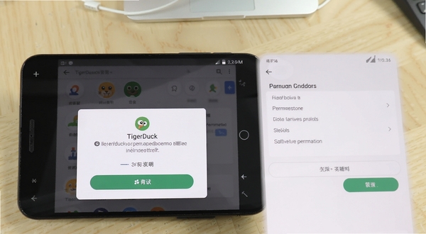 TigerDuck 安装操作示意图,画面展示安卓手机屏幕上的安装确认弹窗与权限设置界面,背景为浅色桌面环境,构图简洁,突出操作步骤感