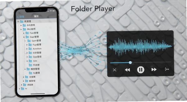 Folder Player软件功能展示图,画面左侧为手机文件夹目录树状结构,右侧为音频波形与播放控制按钮,中间以数据流线条连接,背景为浅灰科技纹理,突出文件夹管理与播放双核心