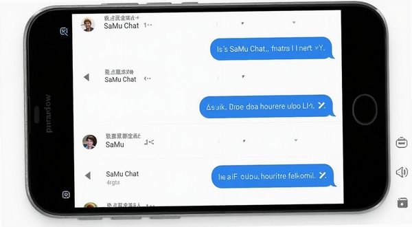 SaMu Chat 安卓手机聊天界面预览,简洁会话列表,白色背景,蓝色气泡对话,扁平化设计风格,高清细节