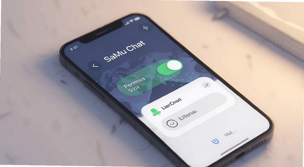 SaMu Chat 隐私设置页面示意,手机屏幕显示权限开关与通知选项,柔和光线,科技感简约插画风格