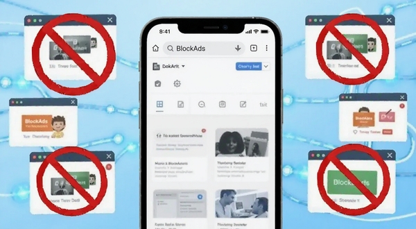BlockAds 广告拦截软件主界面展示,手机屏幕中央为清爽的网页浏览画面,四周环绕被拦截的弹窗广告图标并带有禁止符号,背景为浅蓝色渐变科技感区域,画面主体位于中央偏上位置,整体风格简洁明亮,适合软件下载站配图