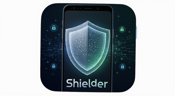 软件名称Shielder,画面主体为一部安卓手机屏幕中央悬浮半透明盾牌图标,盾牌表面有细密电路纹理与柔和蓝绿光晕,背景为深色渐变科技空间,四周散布微小的权限锁形符号与数据流光线,整体风格简洁现代,构图居中对称,高清质感,适合软件下载站头图