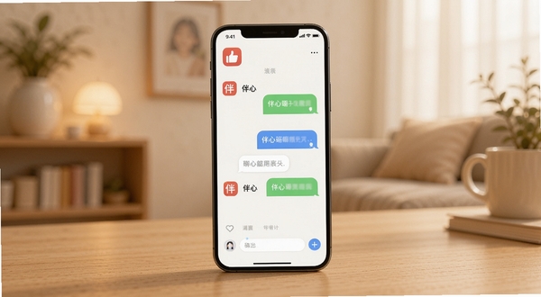 伴心应用主界面展示,一部智能手机竖屏放置于浅色木质桌面中央,屏幕内显示伴心聊天陪伴界面,背景为柔和暖色调室内环境,画面构图简洁干净,突出应用图标与对话气泡元素,整体风格温馨治愈,适合软件下载站展示图