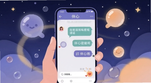 伴心私密对话场景插画,画面中央为一部手机屏幕显示伴心聊天界面,周围环绕柔和的光晕与漂浮的气泡元素,背景为深蓝色夜空与星星点缀,营造安静私密的倾诉氛围,画面风格扁平化插画,色彩以蓝紫暖橙为主