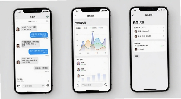伴心功能模块展示图,画面为手机界面平铺展开,左侧显示对话界面,中间显示情绪记录图表,右侧显示提醒设置页面,整体以浅灰色背景衬托,界面元素清晰可辨,风格简洁现代,适合软件功能介绍配图