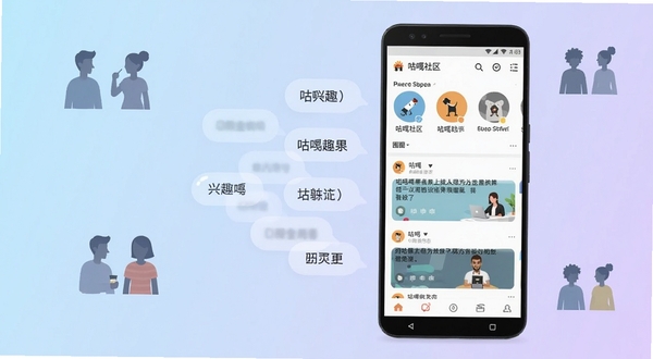 一张以咕嘎社区为核心的手机应用场景全貌图,画面中央偏右位置放置一部竖屏安卓手机,屏幕内展示咕嘎社区首页圈子列表与动态卡片,手机左侧为半透明悬浮的兴趣标签气泡,背景区域为浅蓝到淡紫的柔和渐变,点缀几组简约的人物剪影代表不同兴趣人群,整体风格清爽扁平,适合应用下载站展示