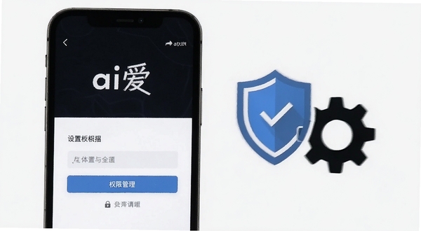 软件名称ai爱,画面为手机屏幕显示设置与权限管理界面,旁边配有盾牌和齿轮的简约图标,背景为浅灰色调,突出安全与设置主题