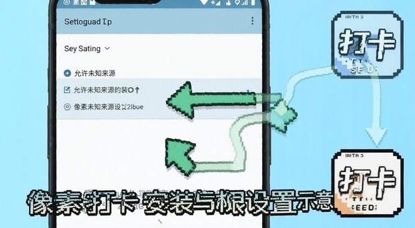 像素打卡安装与权限设置示意图,画面展示安卓手机设置界面中允许未知来源安装的选项,旁边以像素风格箭头标注操作路径,整体配色清爽,突出步骤引导感,可出现像素打卡图标