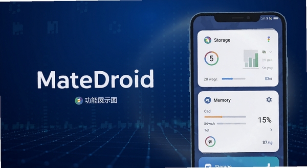 MateDroid 功能展示图,画面主体为手机屏幕特写位于画面右侧,屏幕上显示存储与内存状态卡片,背景区域为深蓝色科技感渐变,点缀细密的数据网格与柔和光晕,整体构图干净利落,适合软件介绍配图,扁平插画风格,细节清晰