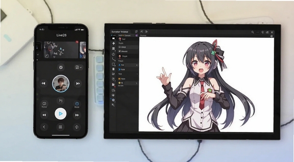 整体展示背屏Live2D软件界面与手机背屏上的二次元角色互动效果,画面主体位于正中央偏右,左侧为手机正面UI控制面板,背景为浅色渐变桌面环境,突出背屏Live2D的角色动态与界面布局,风格清爽科技感