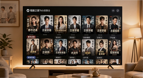短剧之家TV分类聚合界面展示,客厅电视大屏上呈现整齐的短剧海报墙,都市逆袭、古装穿越等标签清晰可见,暖色调灯光,画面干净明亮