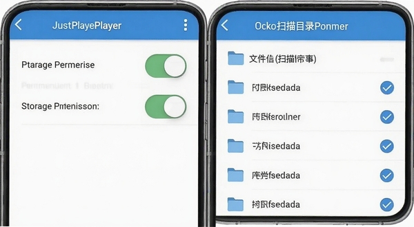 JustPlayer在手机上的权限设置与扫描目录选择界面示意图,展示存储权限开关与文件夹勾选列表,画面清晰直观