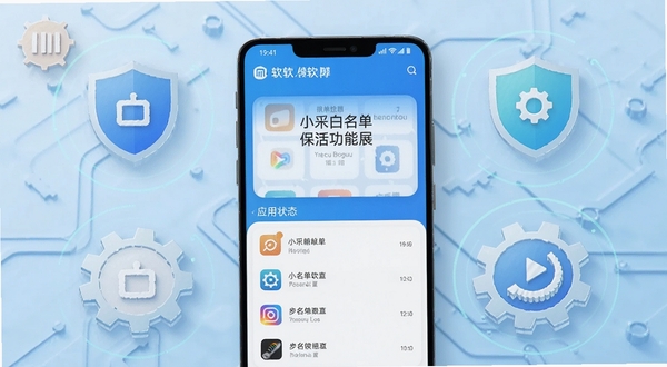 小米白名单保活功能界面展示,手机屏幕显示白名单状态检测结果与应用列表,周围环绕盾牌与齿轮图标元素,背景为浅蓝色科技纹理,画面清晰突出软件名称,适配Boogu模型生成