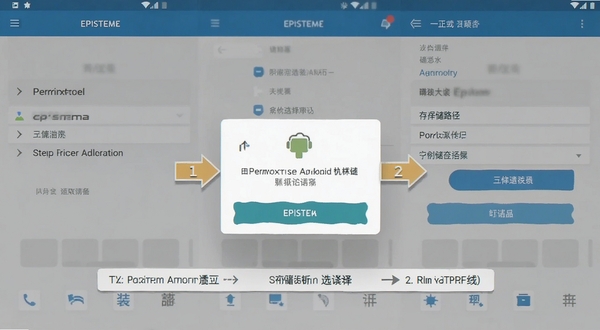 Episteme安卓手机安装界面示意图,展示权限授权弹窗和存储路径选择步骤,画面清晰标注操作顺序,风格简洁实用