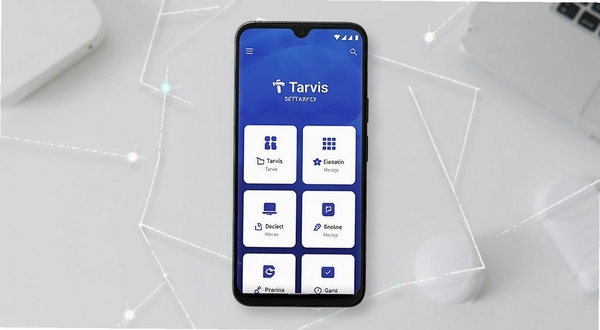 整体画面以一部竖屏安卓手机为视觉中心,手机屏幕内呈现 Tarvis 软件的主界面,界面为深蓝渐变底色配白色卡片式功能入口,背景区域为浅灰色简约桌面环境,周围点缀少量几何线条与光点,画面风格干净现代,突出轻量化工具软件的科技感与易用感