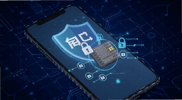 钱包日记隐私安全概念图,手机屏幕显示盾牌图标与账本图案结合,背景为深蓝色科技感网格,画面中心突出本地存储与数据加密的视觉隐喻