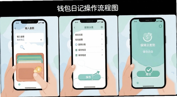 钱包日记操作流程图解,手机屏幕分步展示记账步骤,从输入金额到选择分类再到保存成功,画面采用扁平化插画风格,配色清新柔和