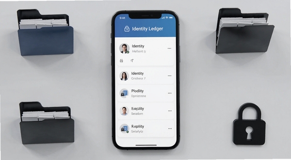 Identity Ledger 应用主界面全貌展示,画面中央为手机屏幕呈现简洁的身份记录列表,背景为浅灰色桌面环境,周围环绕文件夹与锁形图标元素,整体风格干净商务,突出软件名称 Identity Ledger