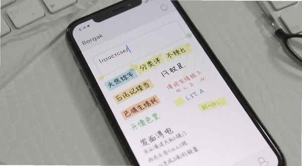 拾用 便签记录界面 手机屏幕展示文字输入框与分类标签 背景为整洁的浅灰桌面 画面带有轻量办公氛围