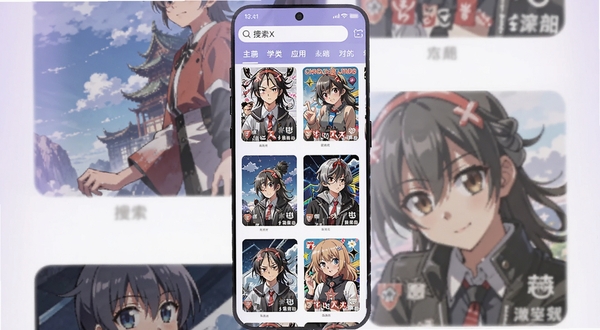 AnimeX 应用主界面全貌,手机屏幕中央展示动漫封面瀑布流列表,顶部为搜索栏与分类标签,背景为淡紫色渐变二次元风格插画,画面干净明亮,适配 Boogu 模型生成